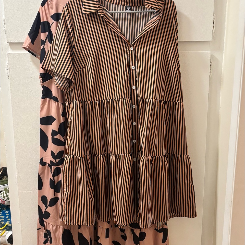 SHEIN Brown Striped and Pink Leaf Dress Set